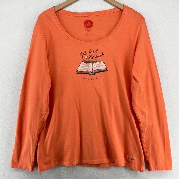 LIFE IS GOOD Shirt Womens L Get Lost Get Found Book Crusher Tee Cotton Orange - Picture 2 of 12